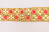 Thumbnail for Beige Art Silk Fabric Trim, Salmon Pink & Gold Floral Embroidery Gota Patti Indian Sari Border Trim By Yard Decorative Trim Craft Lace