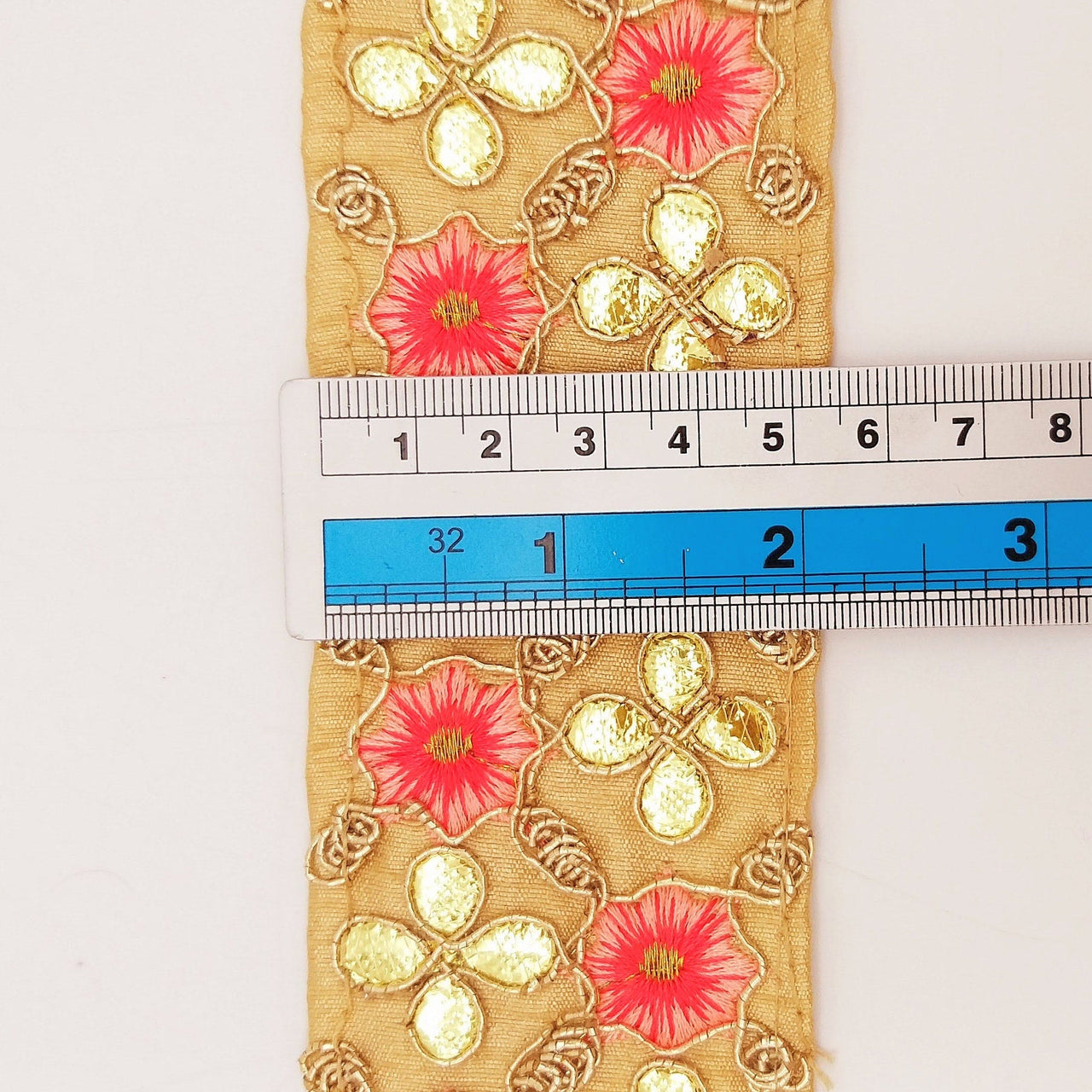 Beige Art Silk Fabric Trim, Salmon Pink & Gold Floral Embroidery Gota Patti Indian Sari Border Trim By Yard Decorative Trim Craft Lace