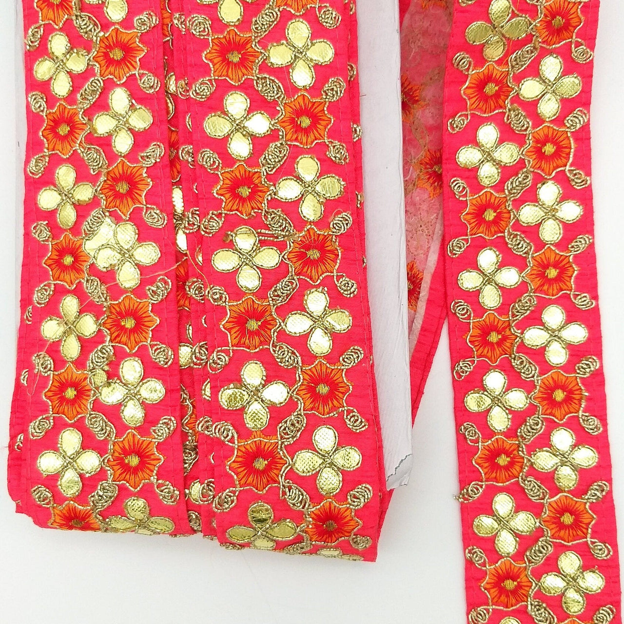 Radical Red Art Silk Fabric Trim, Orange & Gold Floral Embroidery Gota Patti Indian Sari Border Trim By Yard Decorative Trim Craft Lace