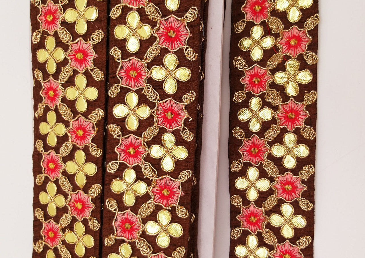 Brown Art Silk Fabric Trim, Salmon Pink & Gold Floral Embroidery Gota Patti Indian Sari Border Trim By Yard Decorative Trim Craft Lace