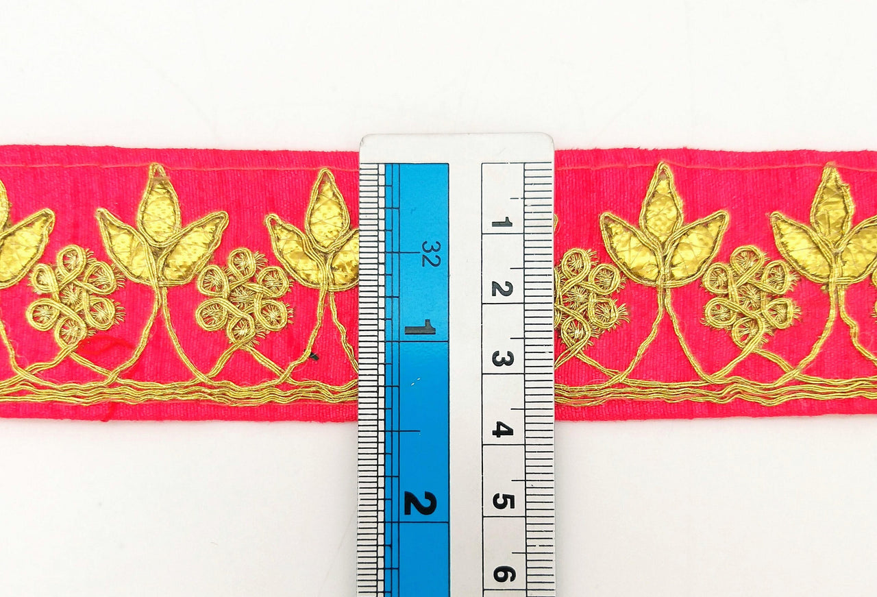 Radical Red Art Silk Fabric Trim, Gold Floral Embroidery Gota Patti Indian Sari Border Trim By Yard Decorative Trim Craft Lace