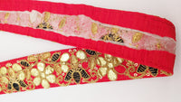Thumbnail for Red Fabric Trim In Black & Gold Floral Embroidery, Gota Patti Trim, Indian Flower Border