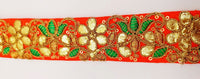 Thumbnail for Orange Fabric Trim In Green & Gold Floral Embroidery, Gota Patti Trim, Indian Flower Border