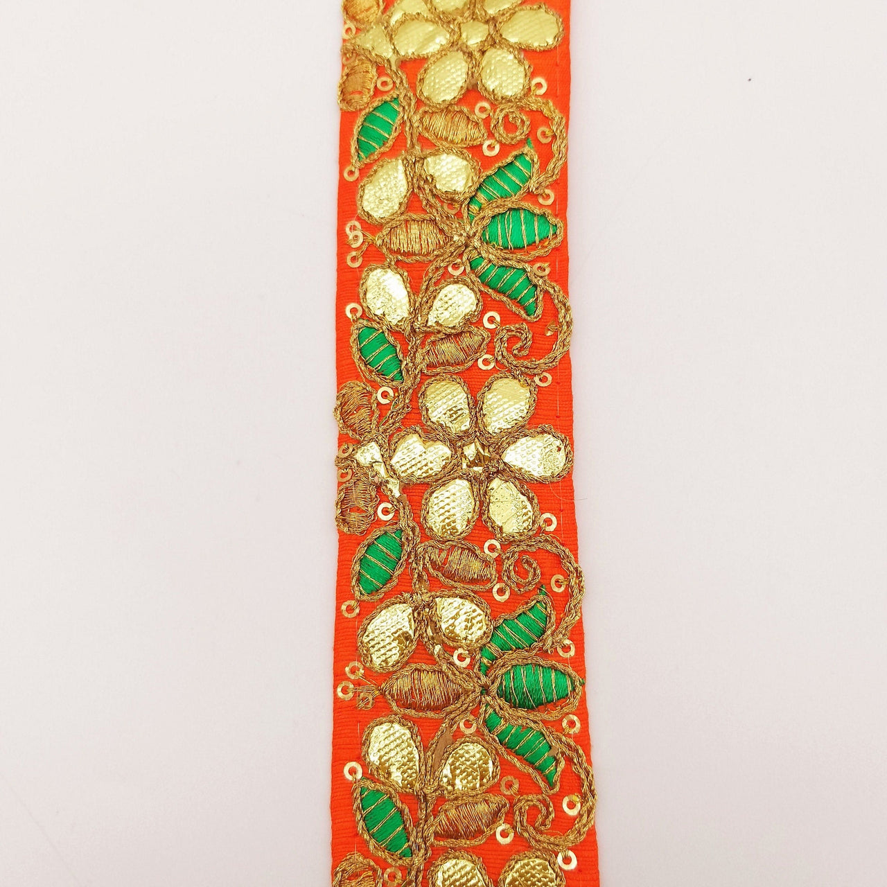 Orange Fabric Trim In Green & Gold Floral Embroidery, Gota Patti Trim, Indian Flower Border