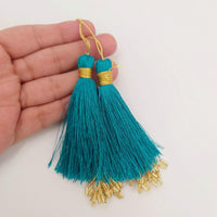 Thumbnail for Cyan Blue Tassels With Gold Beads, Beaded Thread Tassel Charms, Silky Tassels