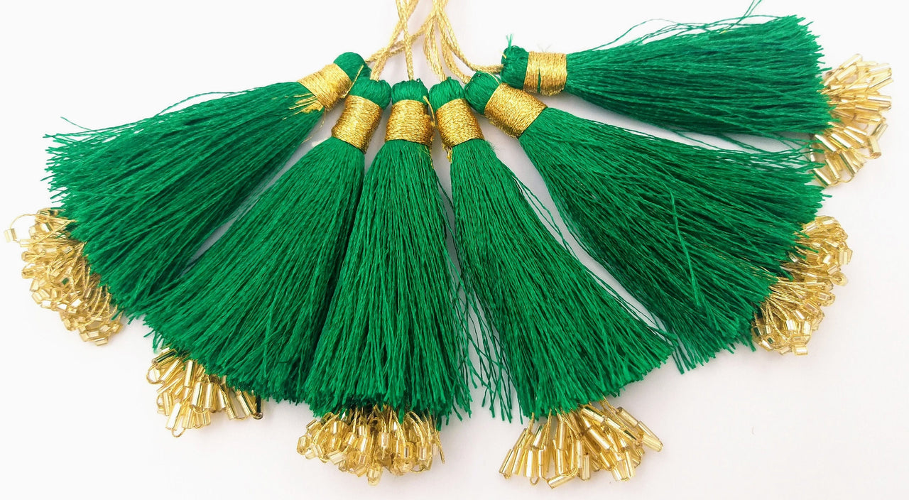 Green Tassels With Gold Beads, Beaded Thread Tassel Charms, Silky Tassels