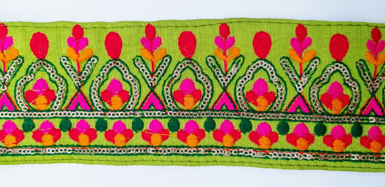 Green Fabric Trim With Green, Fuchsia Pink, Red And Yellow Embroidery and Gold Sequins