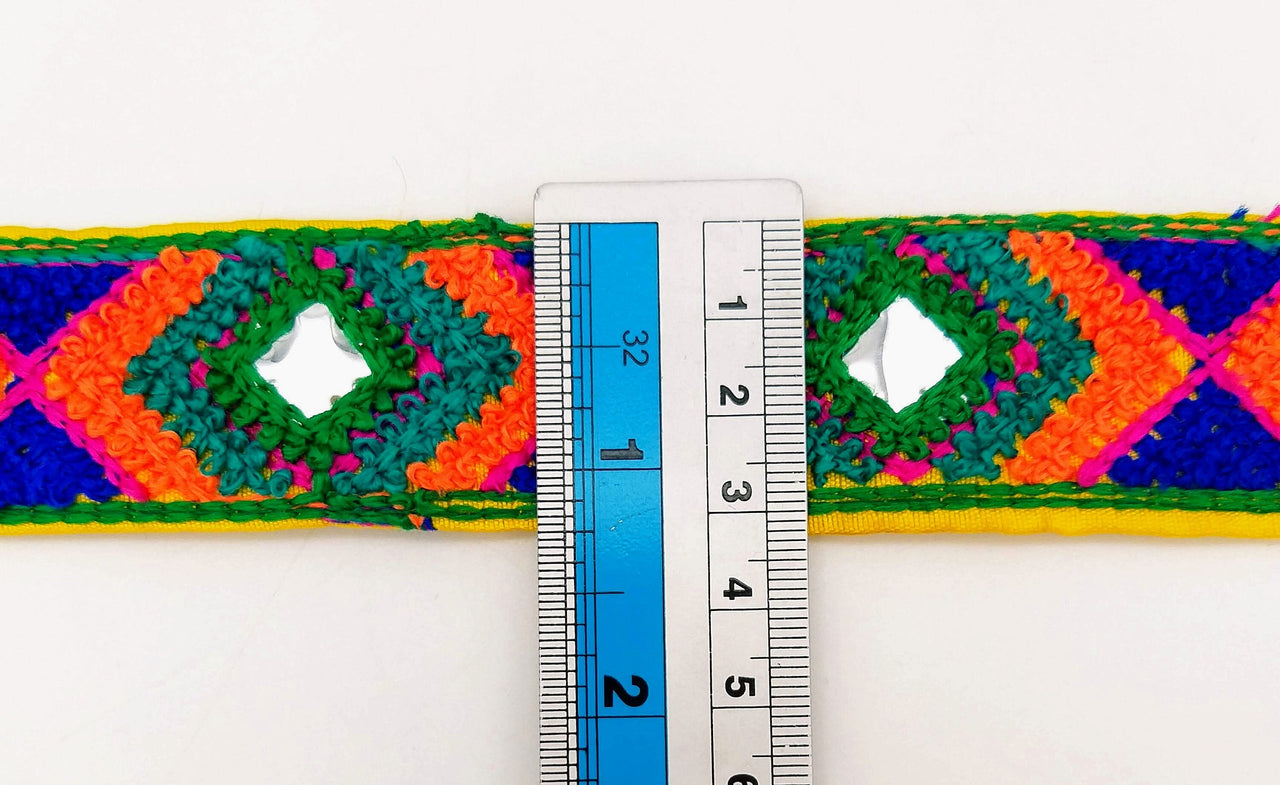 Yellow Cotton Fabric Embroidered Mirrored Trim In Green, Orange & Blue, Bohemian Trim