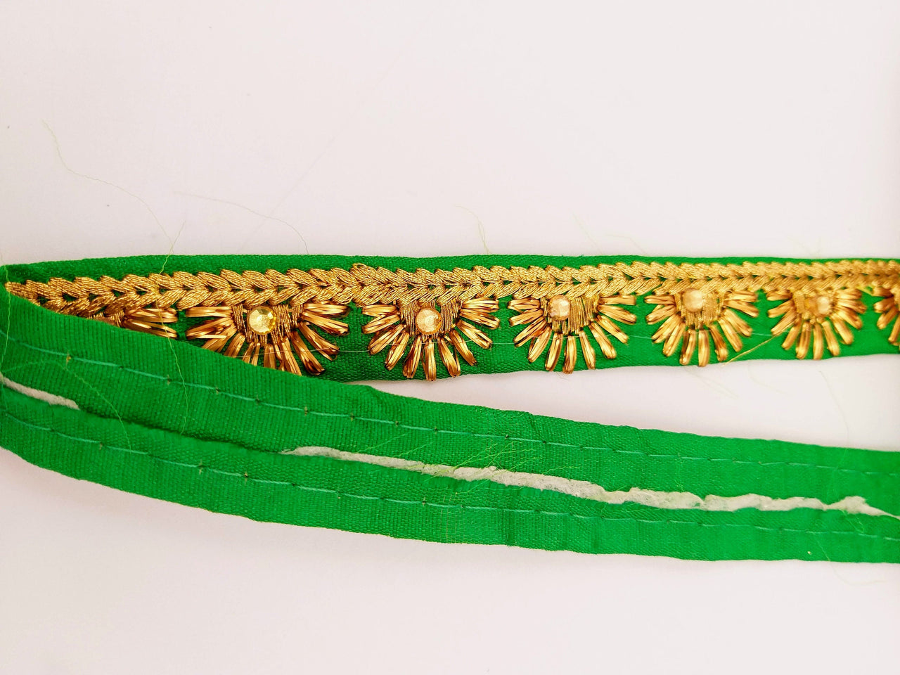 Embroidered Green Silk Trim With Gold Embroidery, Lace Trim By 2 Yard, Decorative Trimming