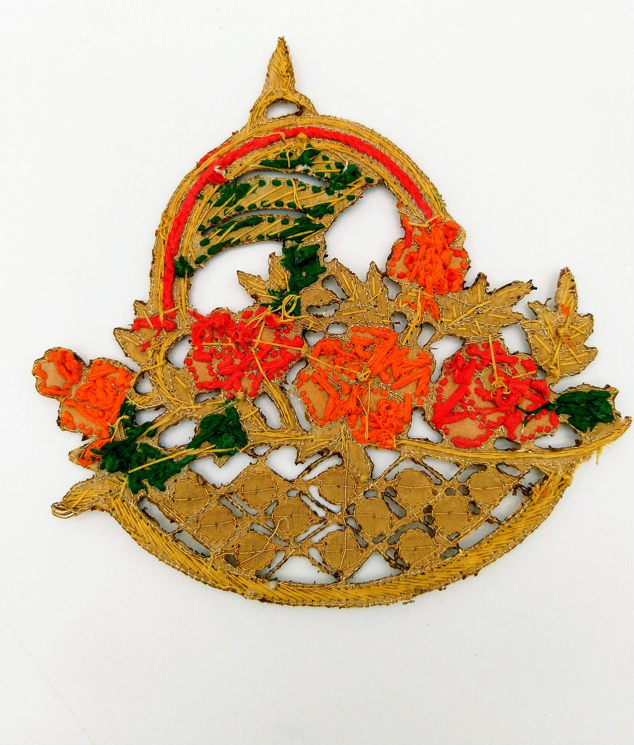 Hand Embroidered Zardozi Flower Basket Applique in Orange and Antique Gold with Gold Sequins