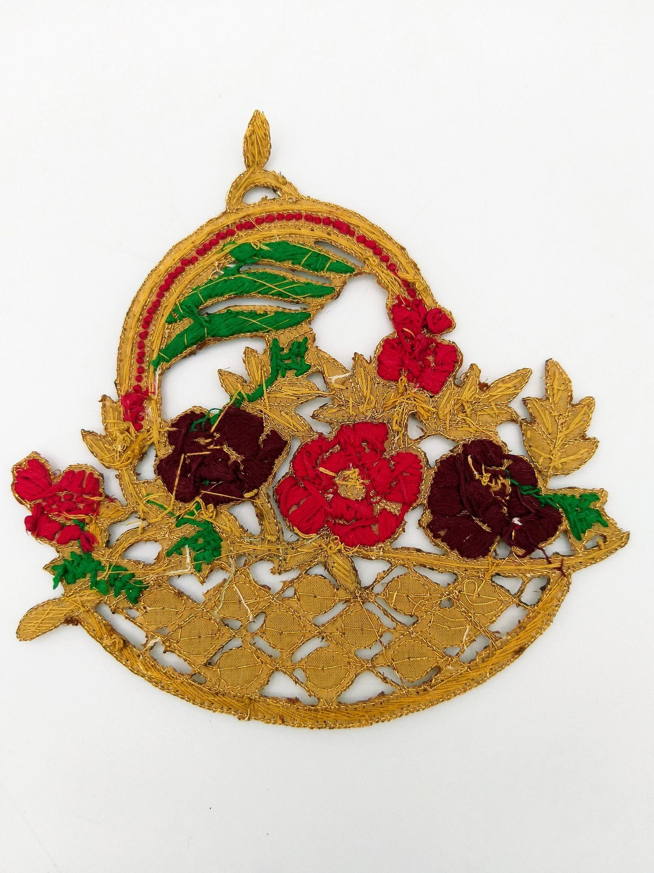 Hand Embroidered Zardozi Flower Basket Applique in Orange, Peach and Antique Gold, Wedding Dress Applique