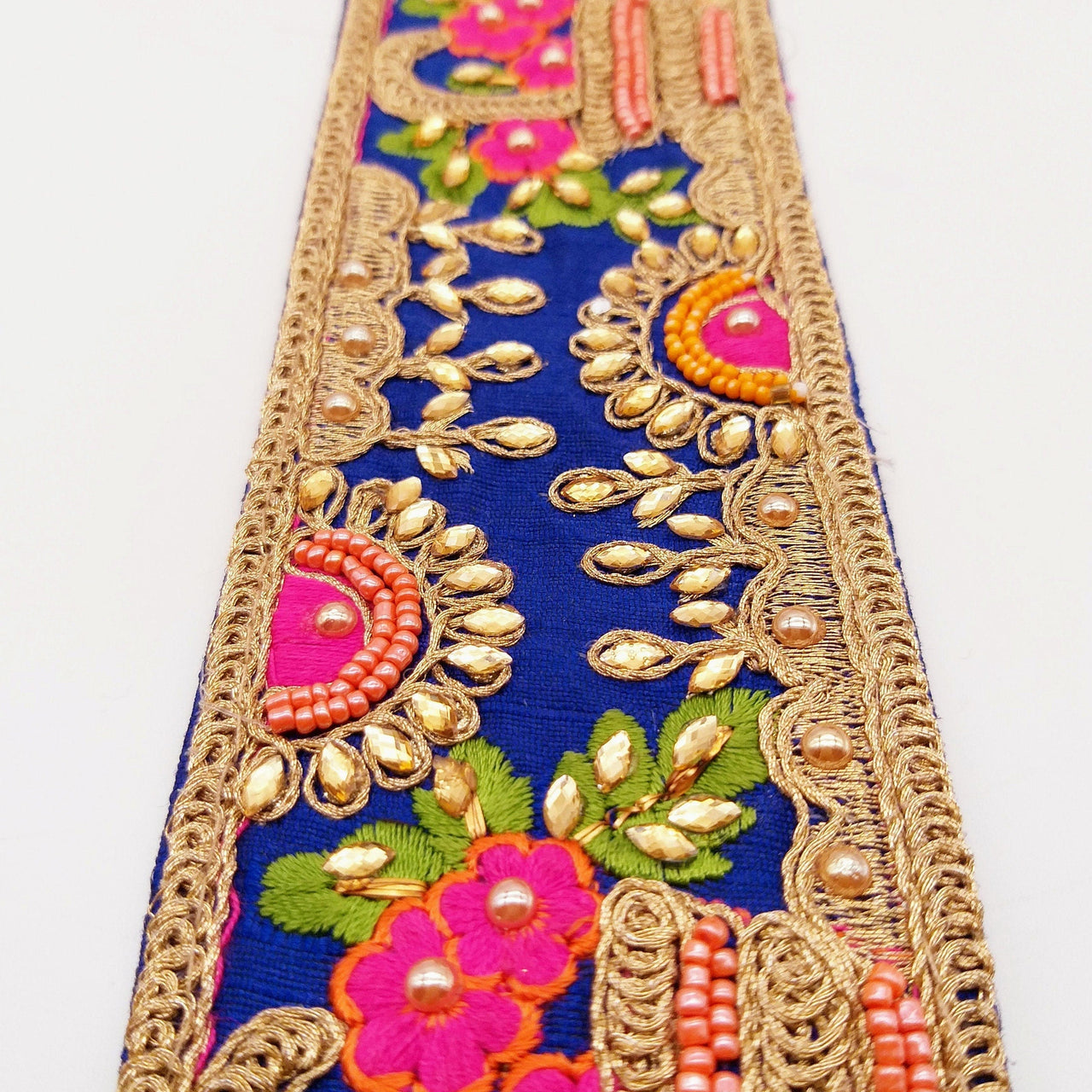 Royal Blue Art Silk Fabric Trim With Green, Orange, Pink And Gold Floral Embroidery