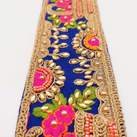 Thumbnail for Royal Blue Art Silk Fabric Trim With Green, Orange, Pink And Gold Floral Embroidery