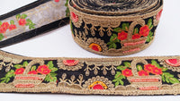 Thumbnail for Black Art Silk Fabric Trim With Green, Orange, Red And Gold Floral Embroidery