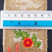 Thumbnail for Beige Art Silk Fabric Trim With Green, Orange, Red And Gold Floral Embroidery