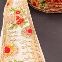 Thumbnail for Beige Art Silk Fabric Trim With Green, Orange, Red And Gold Floral Embroidery