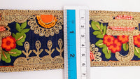 Thumbnail for Navy Blue Art Silk Fabric Trim With Green, Orange, Red And Gold Floral Embroidery