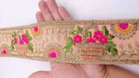 Thumbnail for Peach Art Silk Fabric Trim With Green, Orange, Fuchsia Pink And Gold Floral Embroidery
