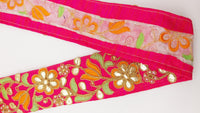 Thumbnail for Dark Pink Fabric Trim In Green, Orange & Gold Floral Embroidery, Beaded Gota Patti