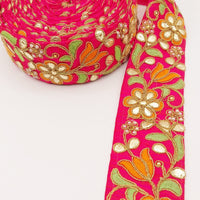 Thumbnail for Dark Pink Fabric Trim In Green, Orange & Gold Floral Embroidery, Beaded Gota Patti