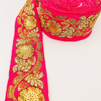 Thumbnail for Fuchsia Pink Art Silk Trim In Gold Floral Embroidery, Gold Embroidered Flowers Border, Floral Trim