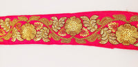 Thumbnail for Fuchsia Pink Art Silk Trim In Gold Floral Embroidery, Gold Embroidered Flowers Border, Floral Trim