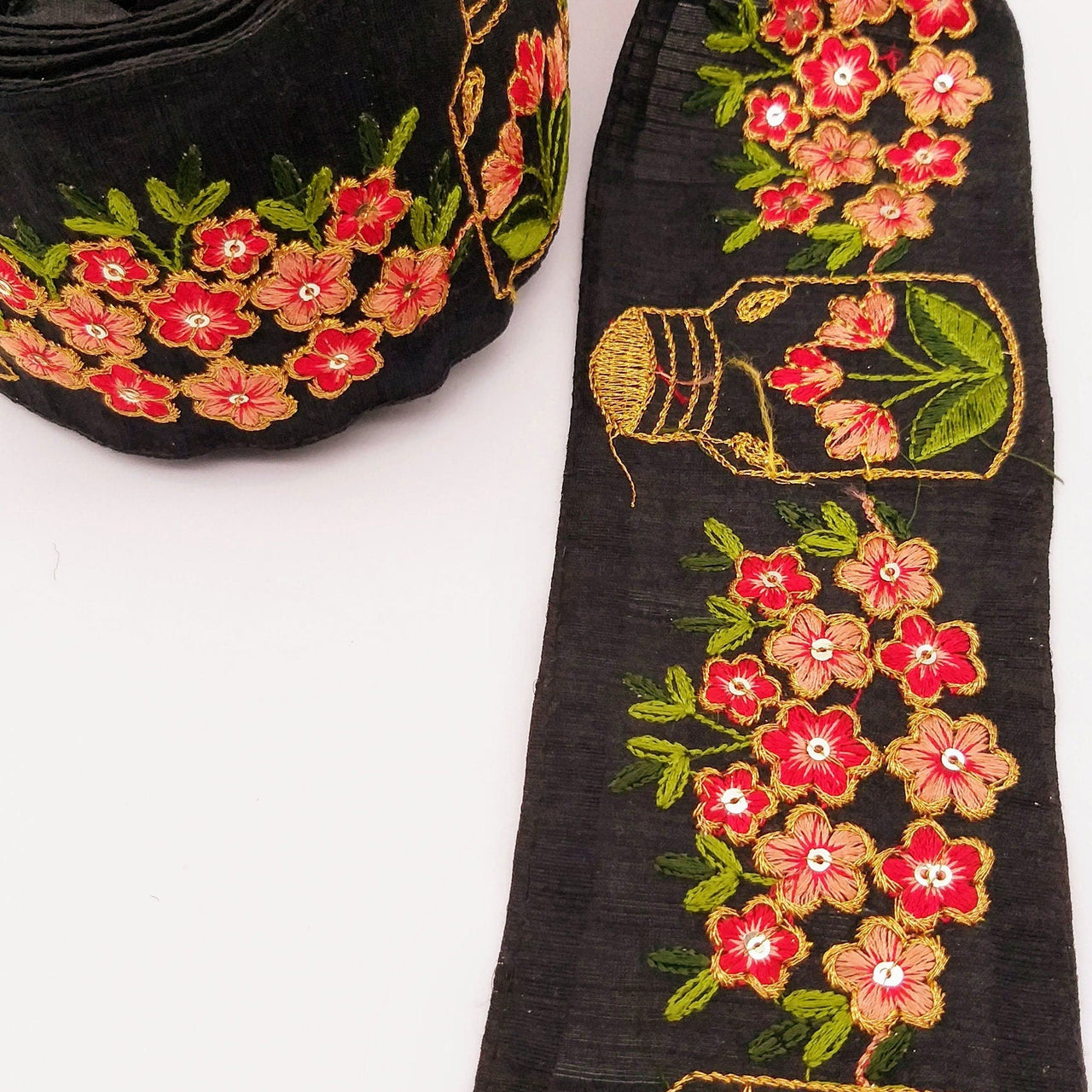 Black Art Silk Trim With Floral Embroidery & Sequins, Red, Green And Gold Flower Embroidered Trim