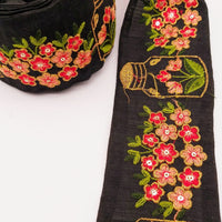 Thumbnail for Black Art Silk Trim With Floral Embroidery & Sequins, Red, Green And Gold Flower Embroidered Trim