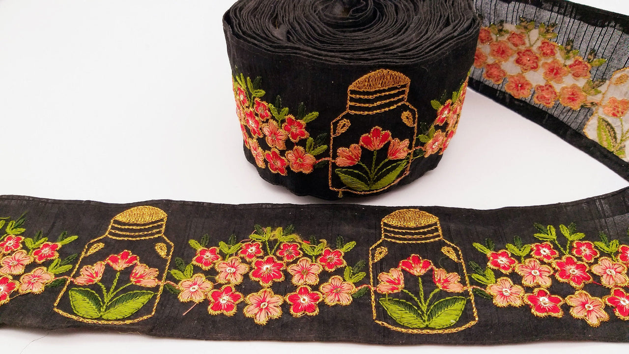 Black Art Silk Trim With Floral Embroidery & Sequins, Red, Green And Gold Flower Embroidered Trim