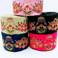 Thumbnail for Pink Art Silk Trim With Floral Embroidery & Sequins, Red, Green And Gold Flower Embroidered Trim