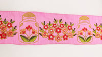 Thumbnail for Pink Art Silk Trim With Floral Embroidery & Sequins, Red, Green And Gold Flower Embroidered Trim