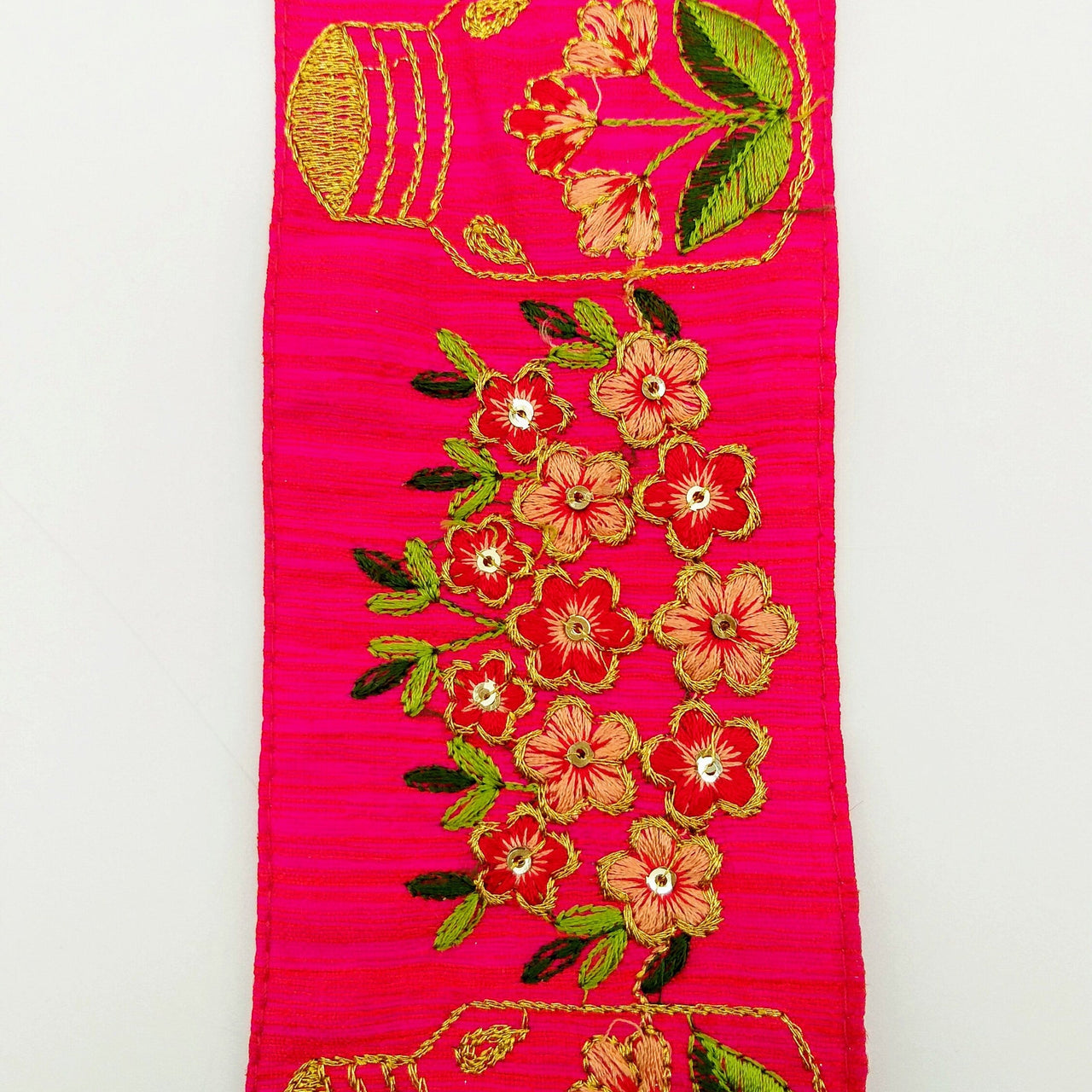 Pink Art Silk Trim With Floral Embroidery & Sequins, Red, Green And Gold Flower Embroidered Trim