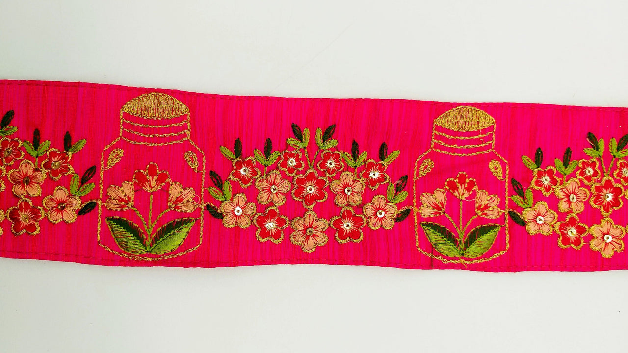 Pink Art Silk Trim With Floral Embroidery & Sequins, Red, Green And Gold Flower Embroidered Trim