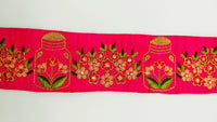 Thumbnail for Pink Art Silk Trim With Floral Embroidery & Sequins, Red, Green And Gold Flower Embroidered Trim