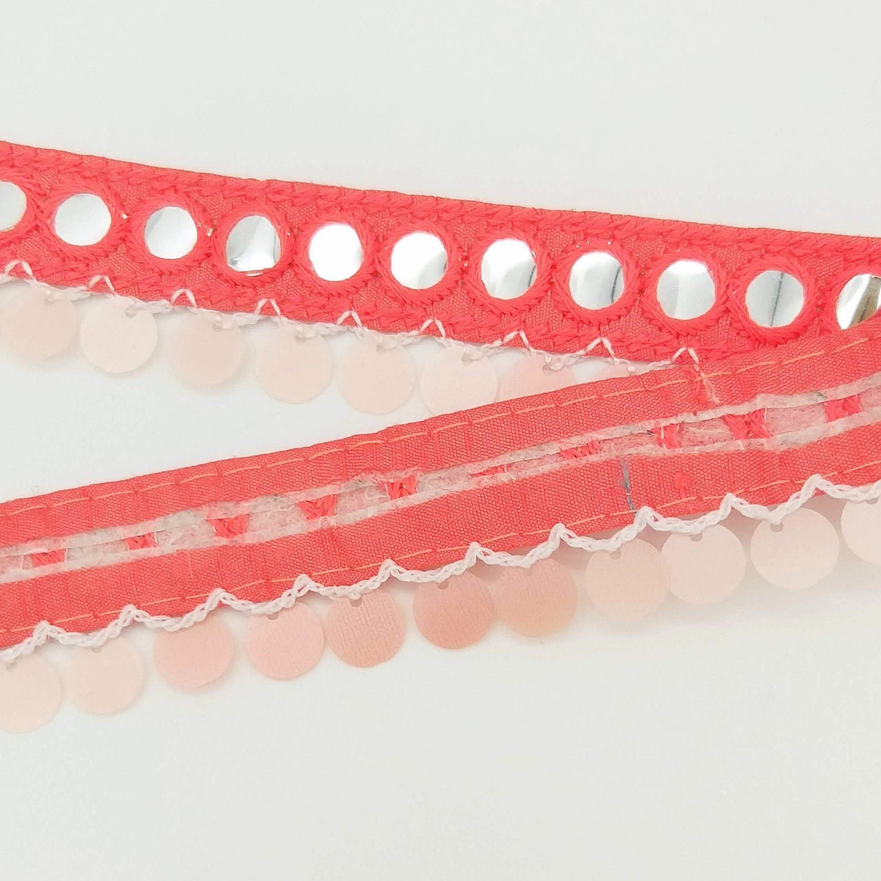 Salmon Pink Fringe Trim With Mirrors And Sequins Tassels, Boho, Bohemian Trim