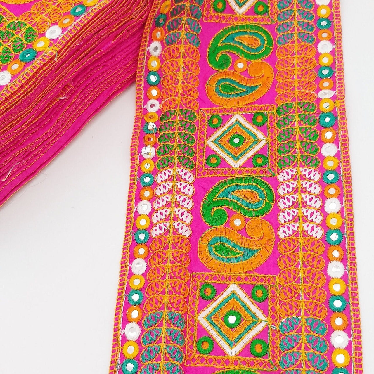 Fuchsia Pink Art Silk Fabric Trim, Paisley Embroidered Trim, Trim By The Yard