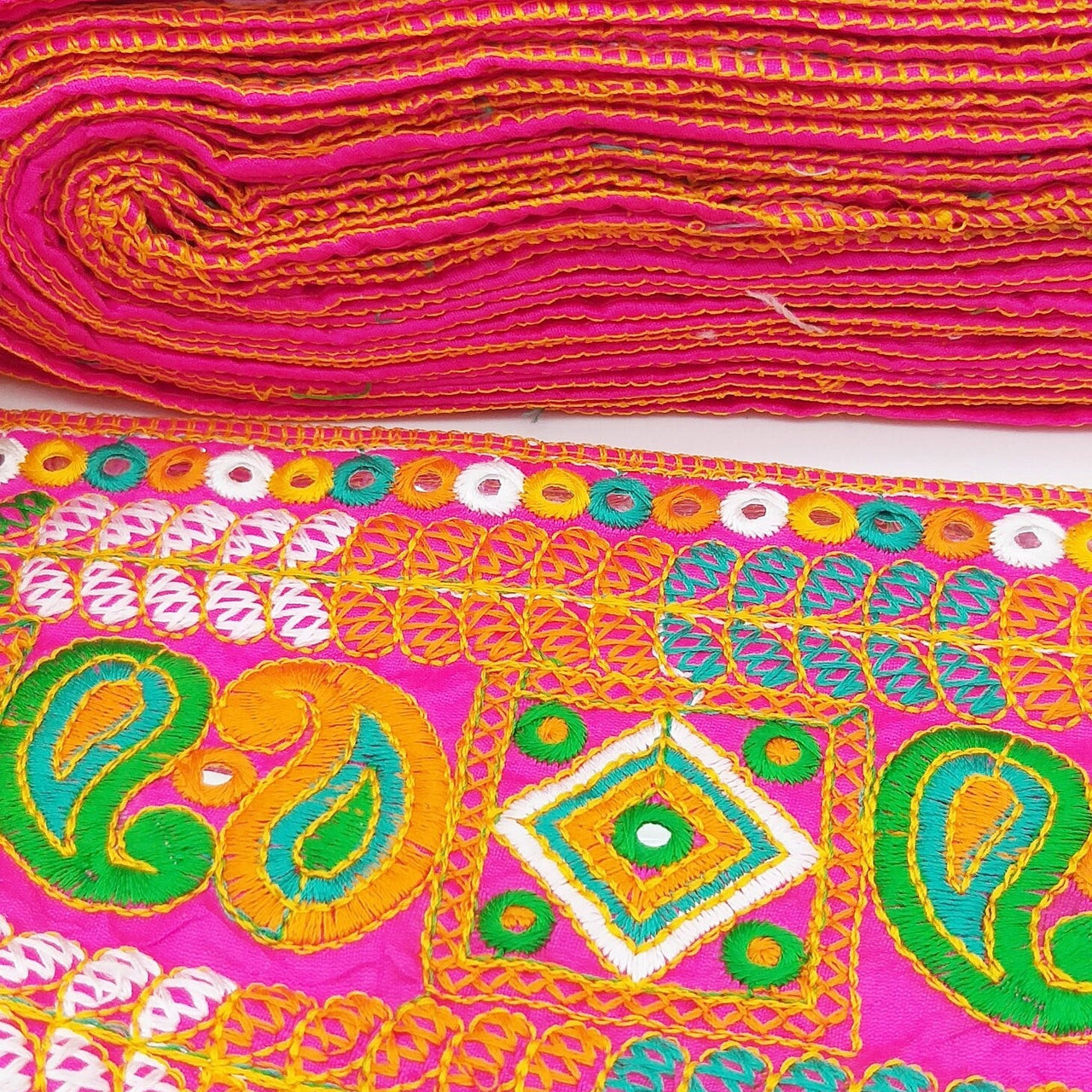 Fuchsia Pink Art Silk Fabric Trim, Paisley Embroidered Trim, Trim By The Yard