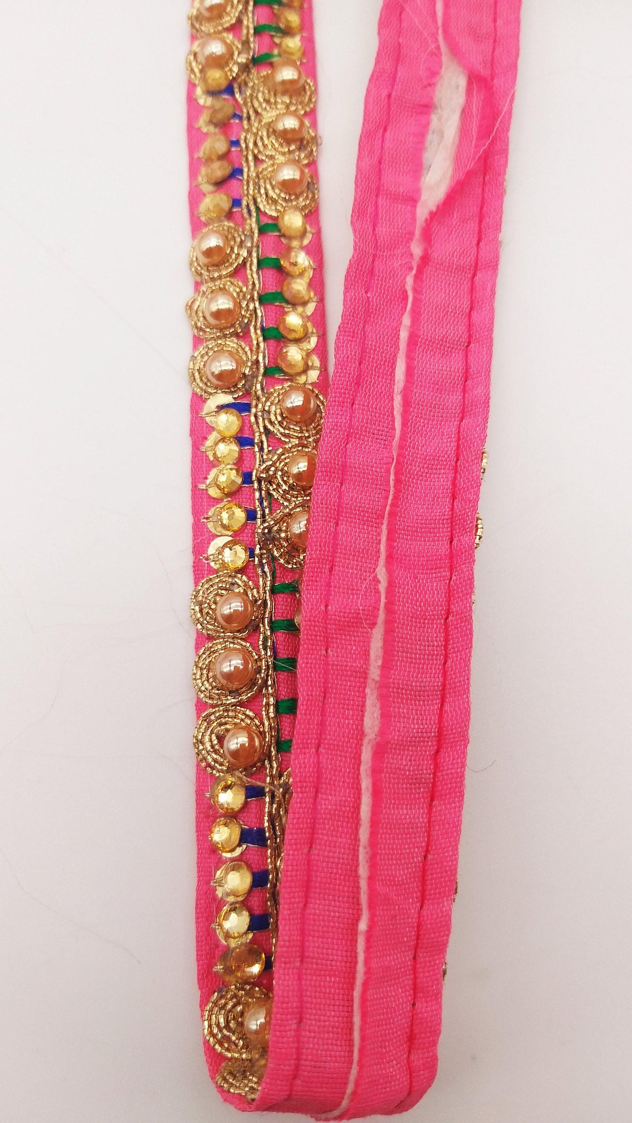 Cerise Pink Fabric Embroidered Trim with Gold Beads, Decorative Sari Trim, Trim By 3 Yards