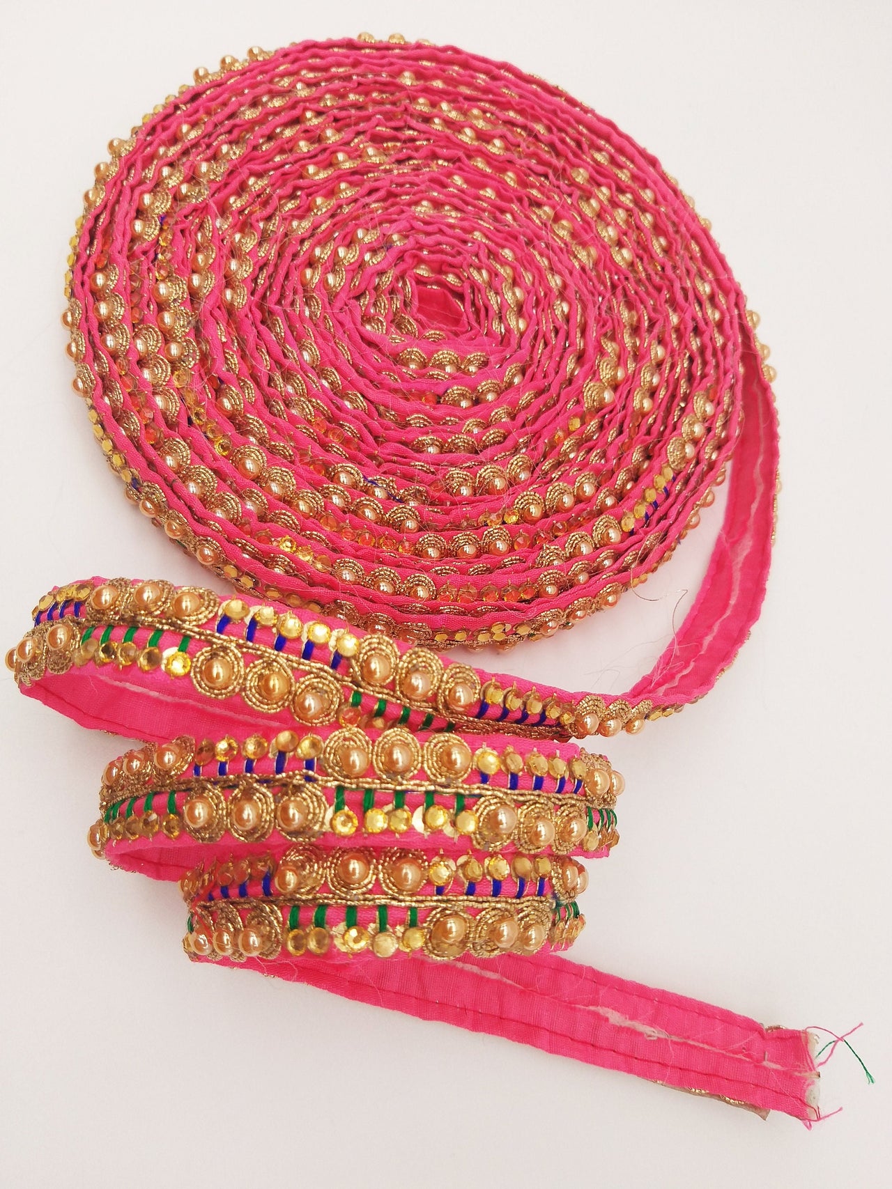 Cerise Pink Fabric Embroidered Trim with Gold Beads, Decorative Sari Trim, Trim By 3 Yards