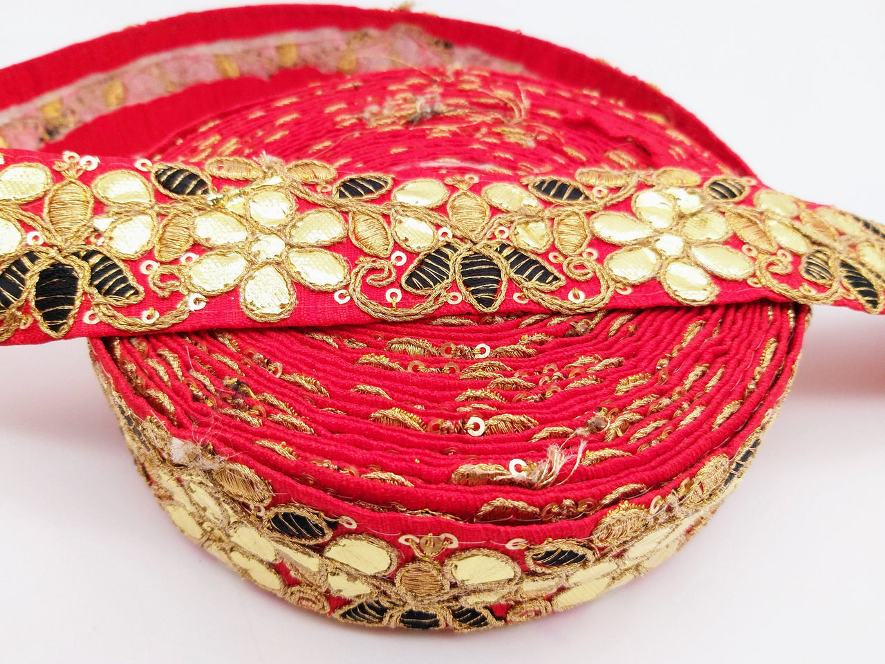 Red Fabric Trim In Black & Gold Floral Embroidery, Gota Patti Trim, Indian Flower Border