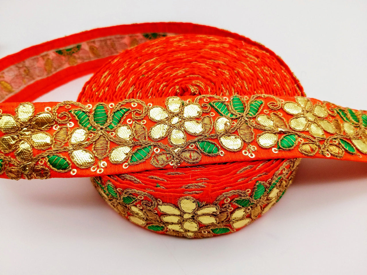 Orange Fabric Trim In Green & Gold Floral Embroidery, Gota Patti Trim, Indian Flower Border