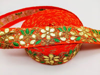 Thumbnail for Orange Fabric Trim In Green & Gold Floral Embroidery, Gota Patti Trim, Indian Flower Border