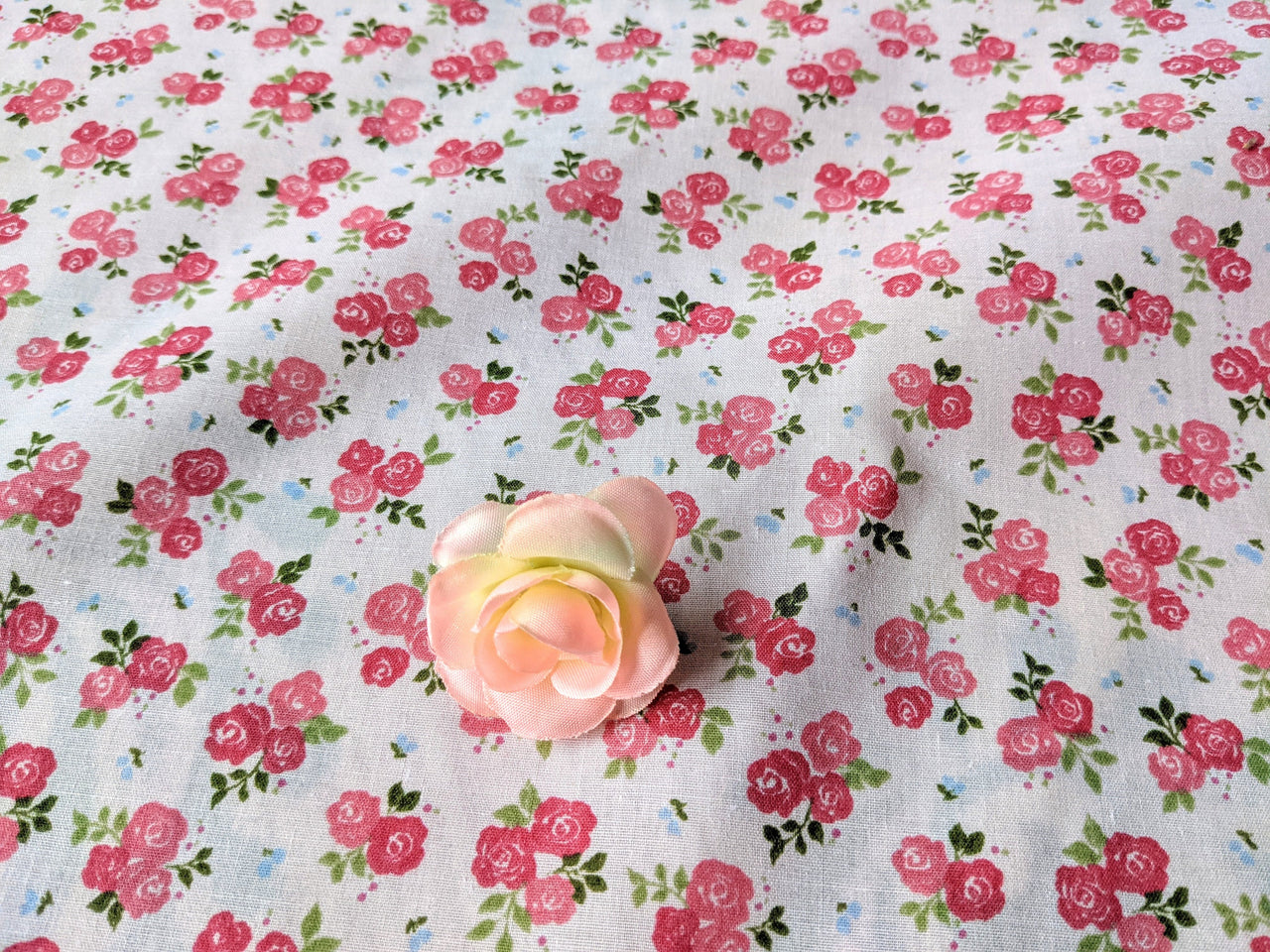 Pink Sally Poly Cotton Triple Rose Floral Fabric, Small Print Fabric, Small Flower Fabric