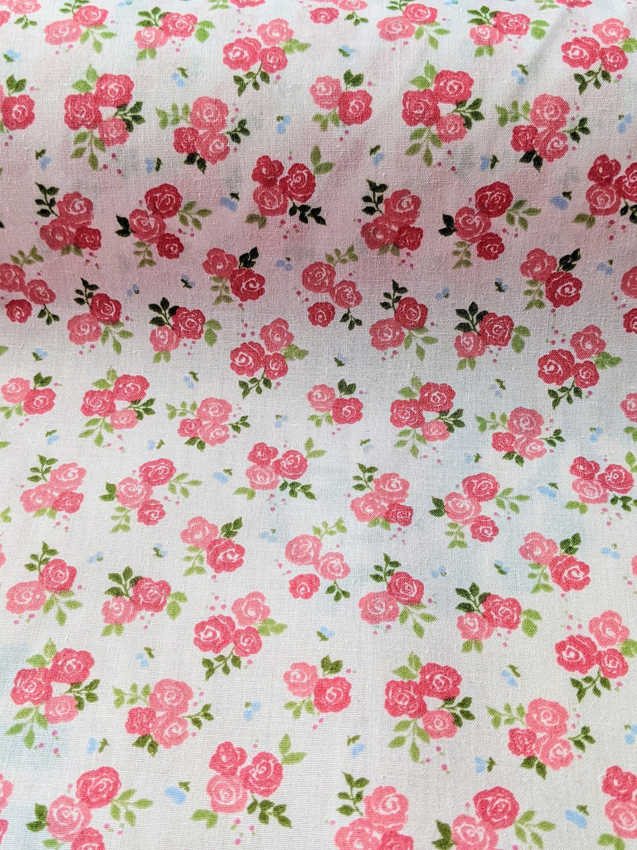 Pink Sally Poly Cotton Triple Rose Floral Fabric, Small Print Fabric, Small Flower Fabric