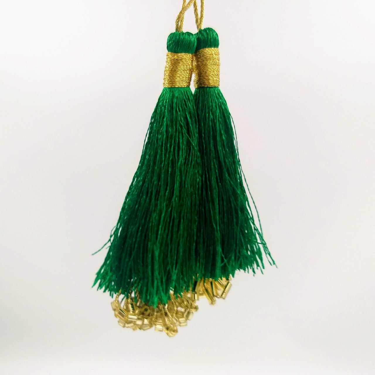Green Tassels With Gold Beads, Beaded Thread Tassel Charms, Silky Tassels