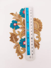 Thumbnail for Antique Gold and Blue Embroidered Flower Applique Patch, Floral Applique, Floral Motif