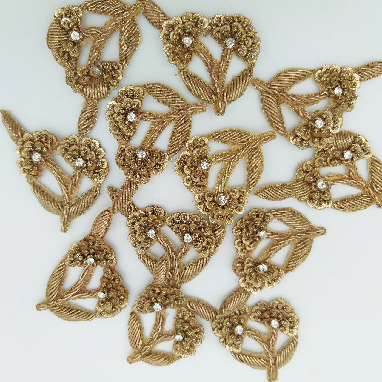 Hand Embroidered Floral Applique Antique Gold With Bullion Wire Zardozi Embroidery Motif, 3 pcs