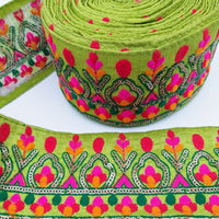 Thumbnail for Green Fabric Trim With Green, Fuchsia Pink, Red And Yellow Embroidery and Gold Sequins