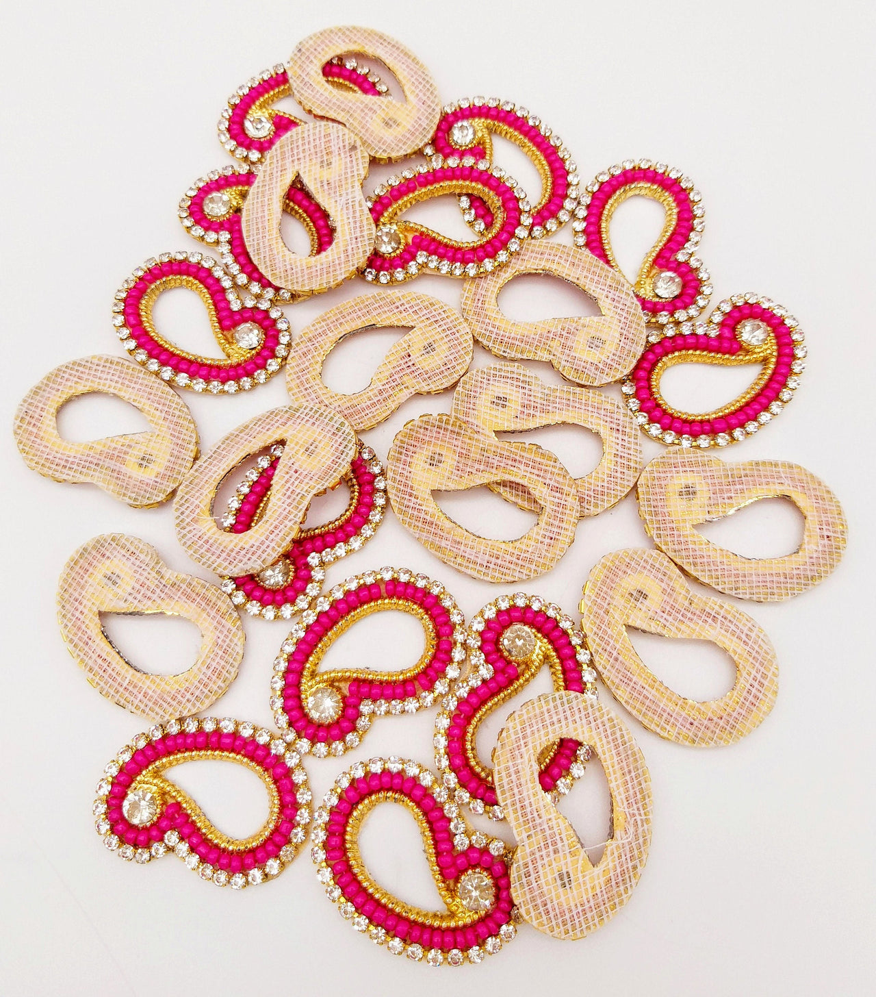 5 Paisley Appliques In Magenta Pink Beads and Rhinestones, Gold Paisley Appliques, Beaded Applique