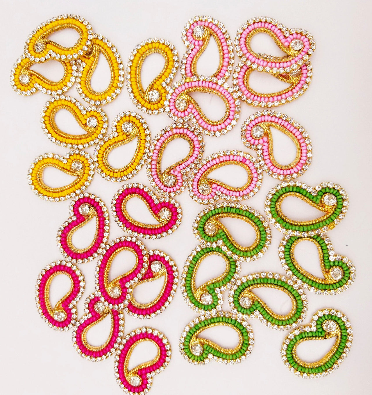 5 Paisley Appliques In Magenta Pink Beads and Rhinestones, Gold Paisley Appliques, Beaded Applique